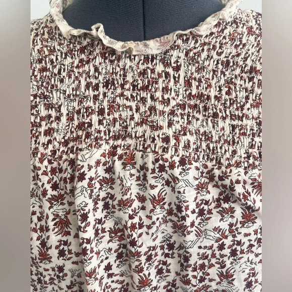 Lucky Brand Sz M Modest High Neck Smocked Frint Fall leaves long sleeve blouse - Picture 2 of 15